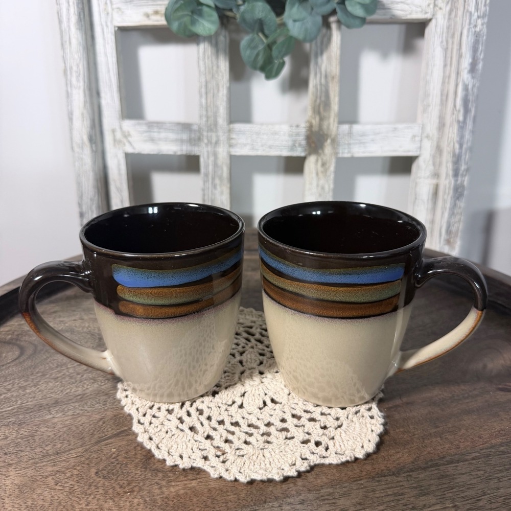 Pfaltzgraff Everyday Galaxy Mugs Cups 12oz Multicolor w/ Tan Bottom Set of 2